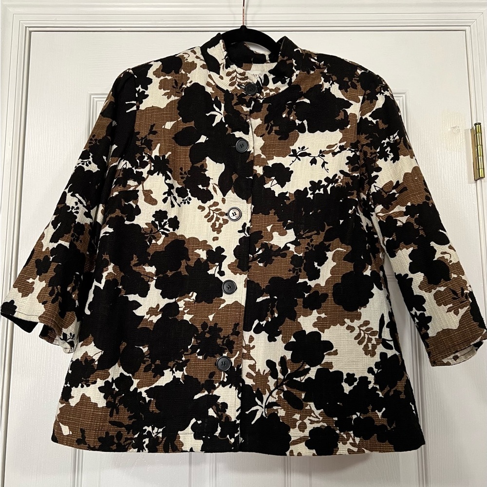 Coldwater Creek Jacket Floral Black Brown Mandarin Collar Fall Lined Boho SZ 12